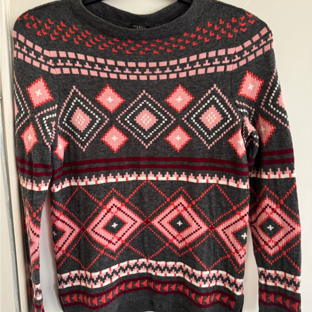 Talbots Gray Sweater with Red and Pink Accents - Picture 2 of 6